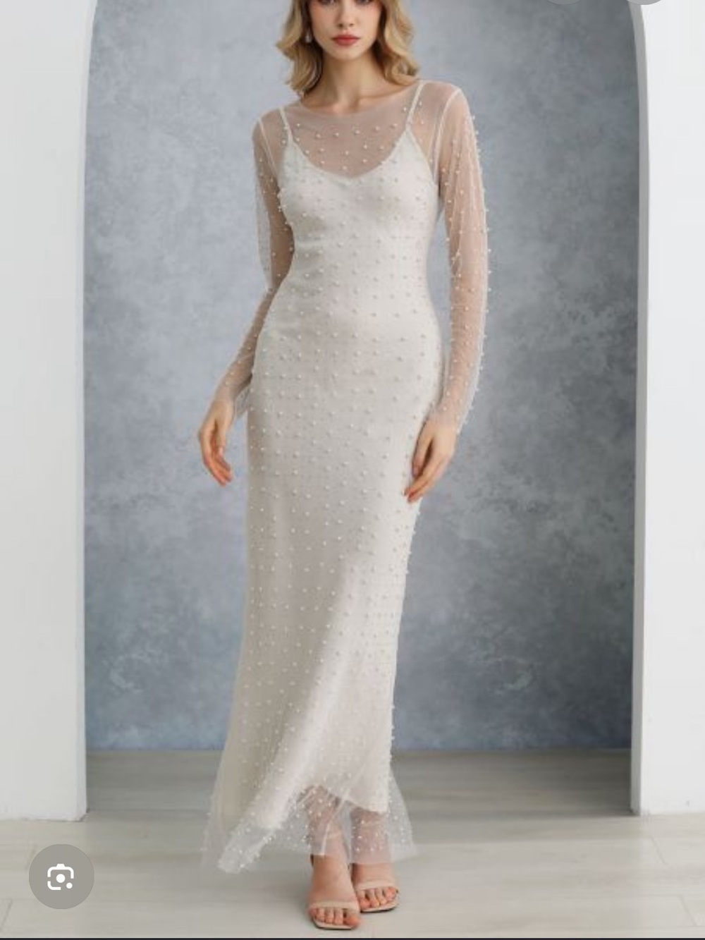 Pearl-Embellished Sheer Mesh Maxi Dress in Cream